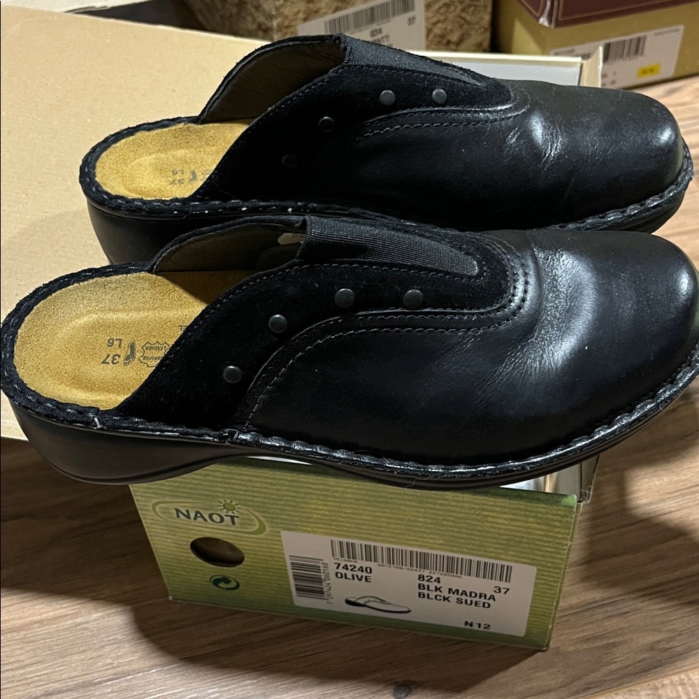 Naot Black Leather and Suede Slip-On Shoes like new